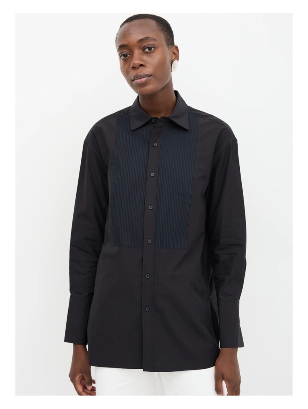 Nili Lotan Oversized Black Cotton Poplin Button Down Tuxedo Shirt S